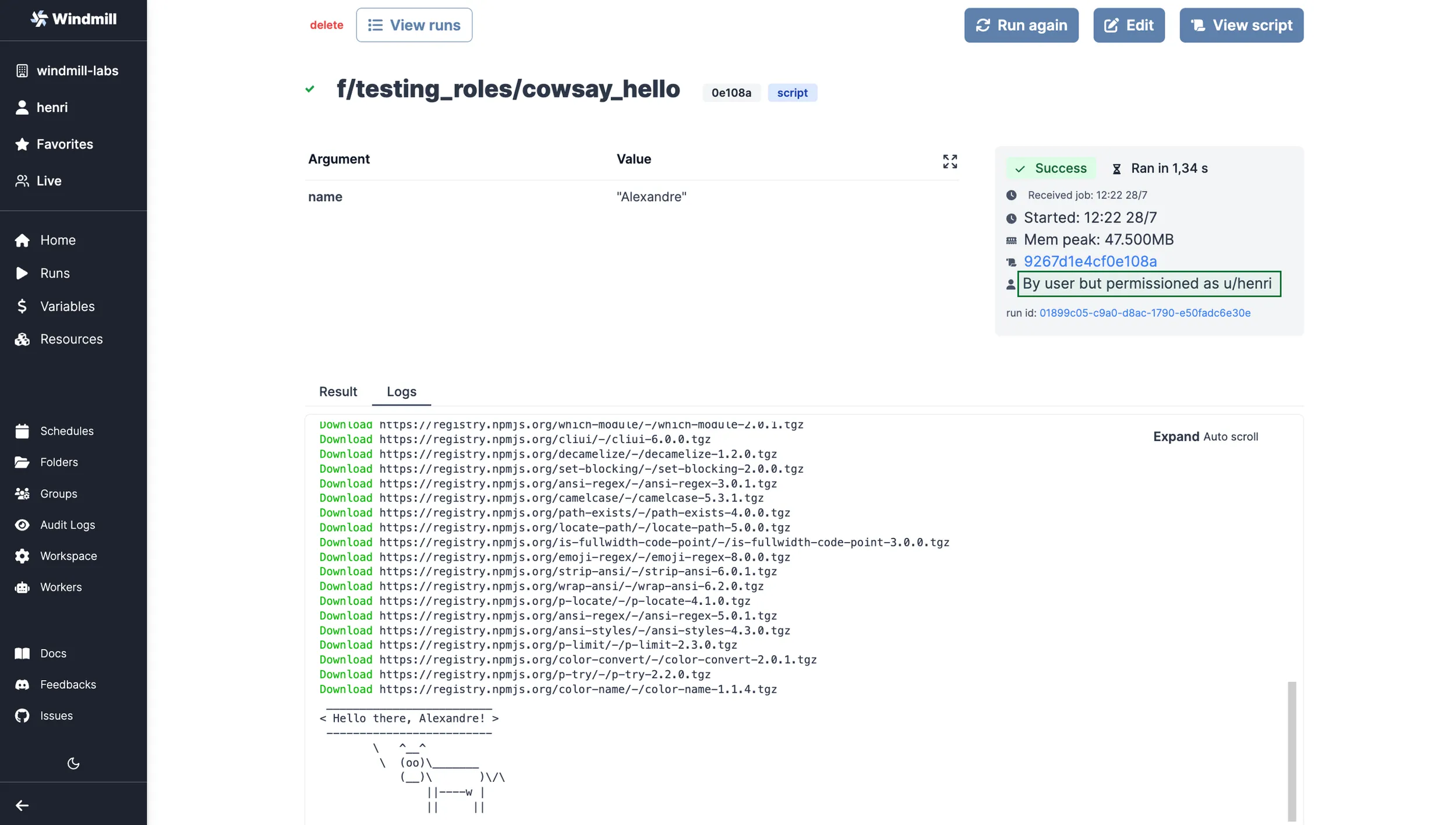View from the run menu Script execution Runs menu
