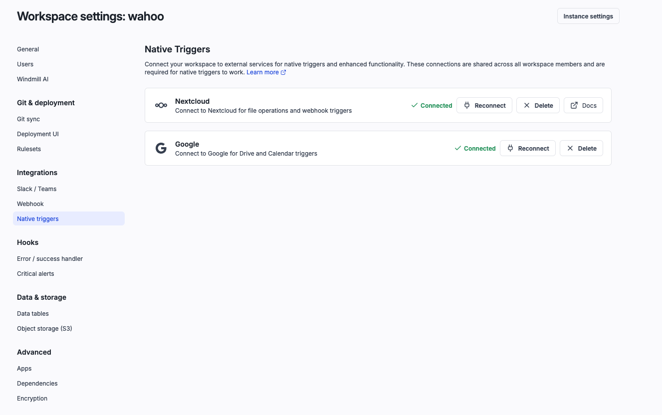 Workspace settings showing native triggers integrations for Nextcloud and Google Workspace integration